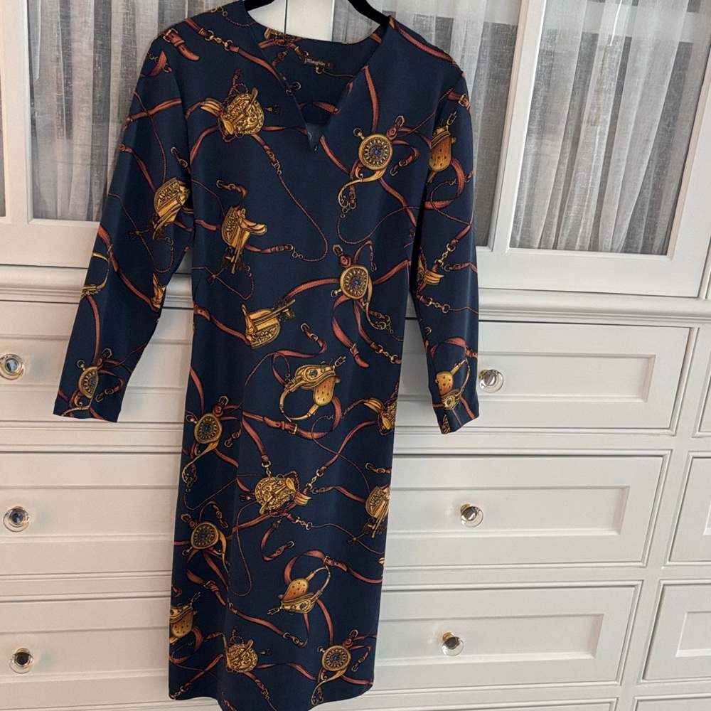 J. McLaughlin Elegant Navy Dress with Gold Patterns, 3/4 Length Sleeves